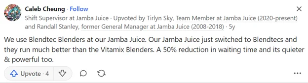 Shift supervisor at Jamba Juice Caleb Cheung's status about Blendtec blenders
